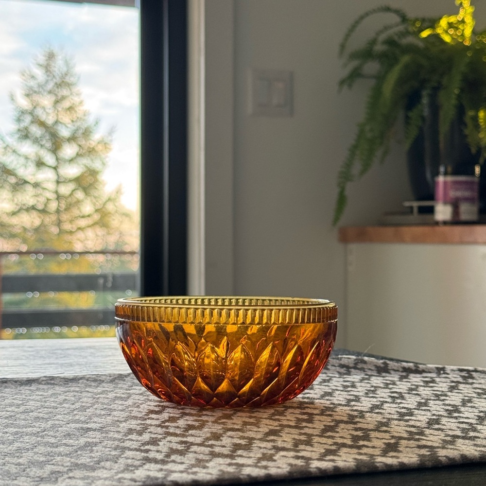Amber Diamond Point Style Glass Candy Dish